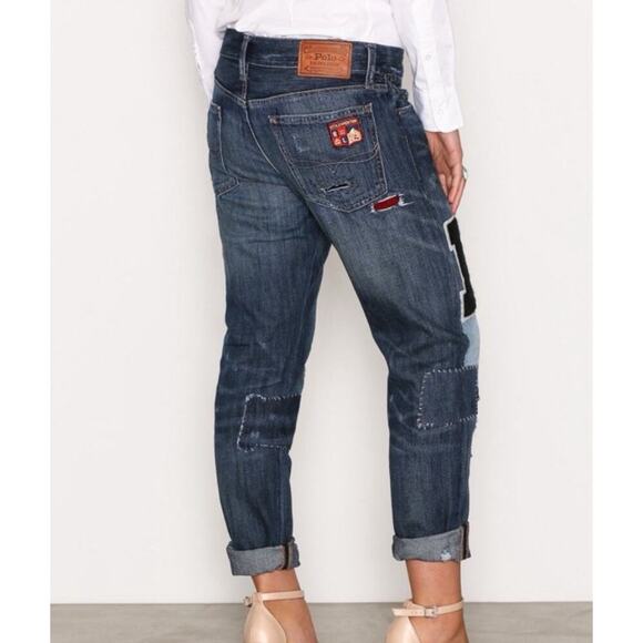 Ralph Lauren Astor Slim Boyfriend Jeans 26 Denim Distressed Patchwork Dungarees - Picture 3 of 8
